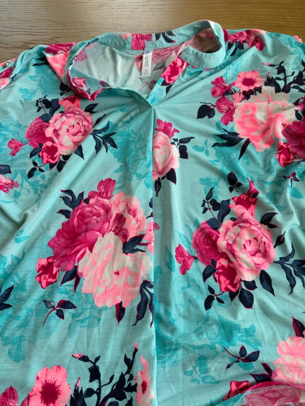 SoftModa Aqua Floral V-Neck Blouse with Pink Rose Print
